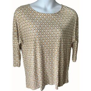 J Jill Womens Quarter Sleeve Beige White Geometric Print Rayon Tunic Top XL